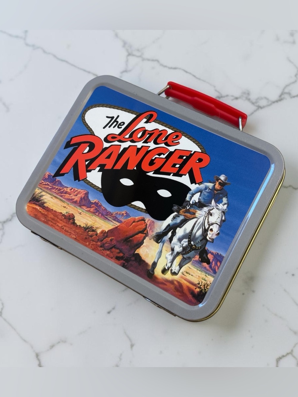 Vintage Lone Ranger Metal Mini Lunchbox with Red Handle - Picture 1 of 1